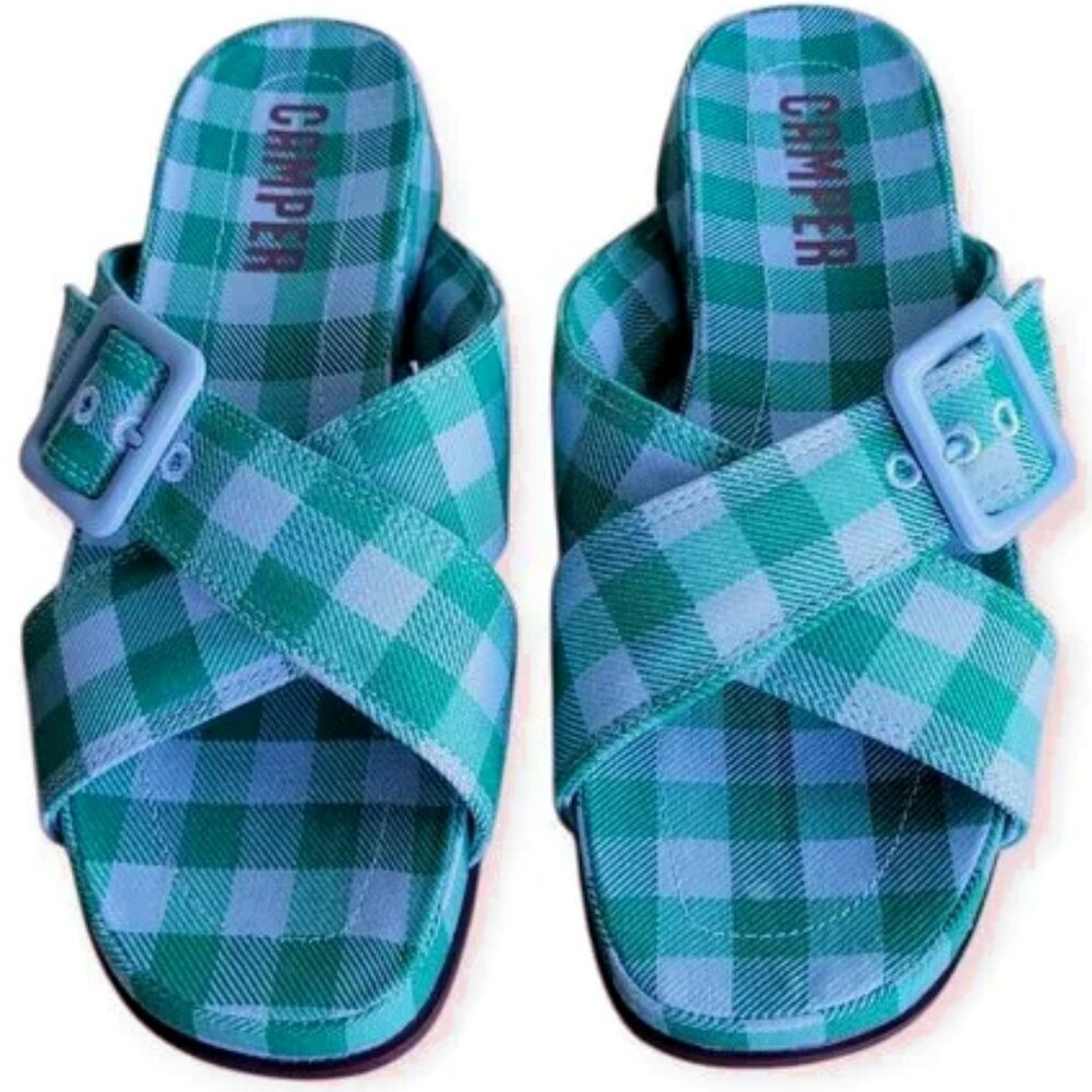 Camper Atonik Green Gingham Sandals EU 37 / US 7 Comfort Slide Sustainable Eco